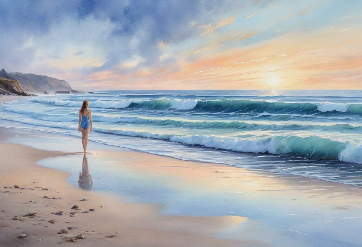 A serene beach scene capturing a lone figure in a flowing, melancholic swimwear design, standing at the water's edge with waves gently crashing around them. The sky is a mix of overcast blues and soft pastels, reflecting a sense of longing and introspection. Vivid seashells and delicate sand patterns enhance the atmosphere, while the figure gazes into the horizon, embodying the emotional depth of the moment. watercolor painting, soothing colors, dreamy atmosphere.