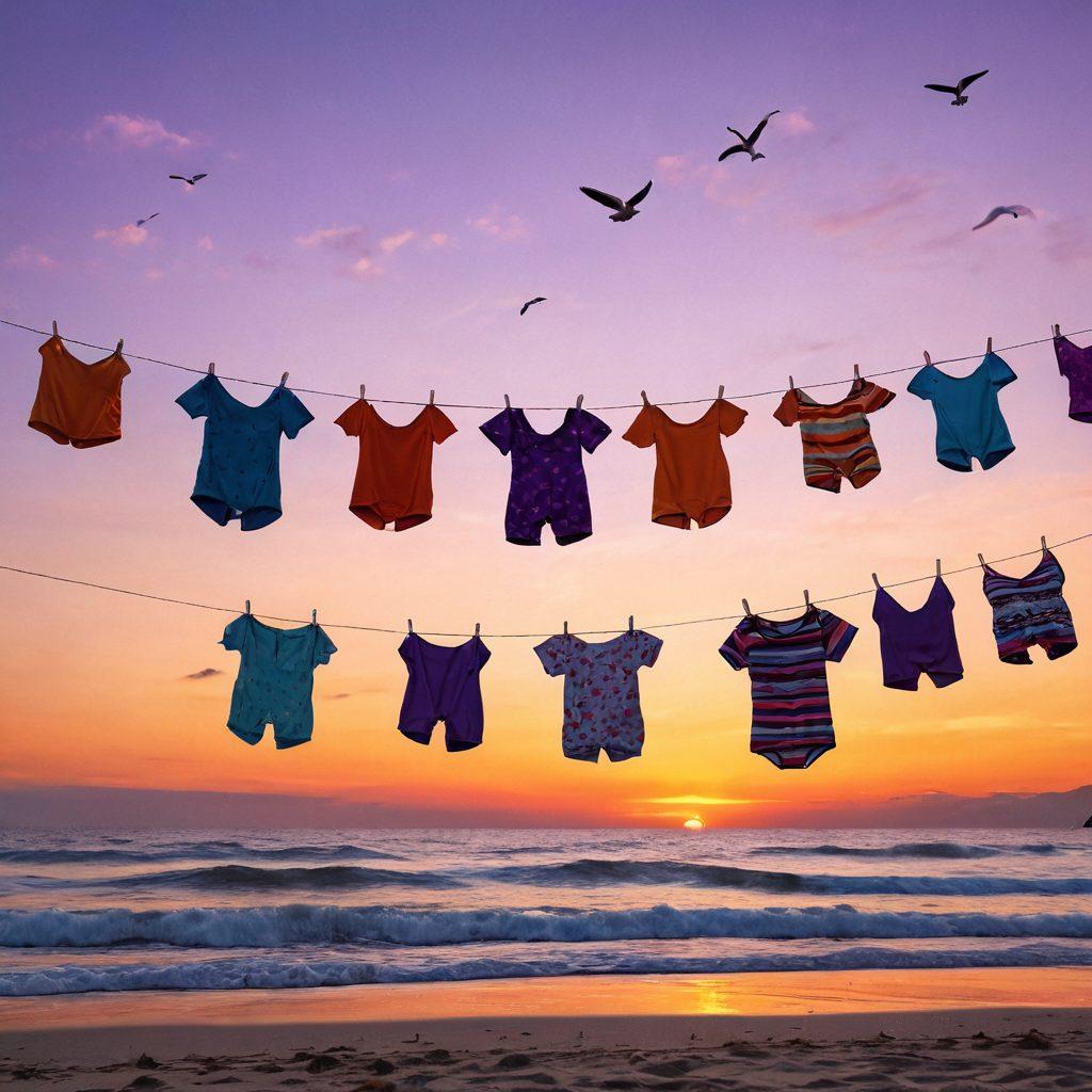 A serene beach scene at sunset with an array of colorful bathing suits fluttering on a clothesline, each suit uniquely representing different emotions through their patterns and colors. The ocean waves gently lap at the shore, creating a sense of calm, while a few playful seagulls soar overhead. The sky transitions from soft oranges to deep purples, reflecting the complexity of emotions. super-realistic. vibrant colors. cinematic lighting.